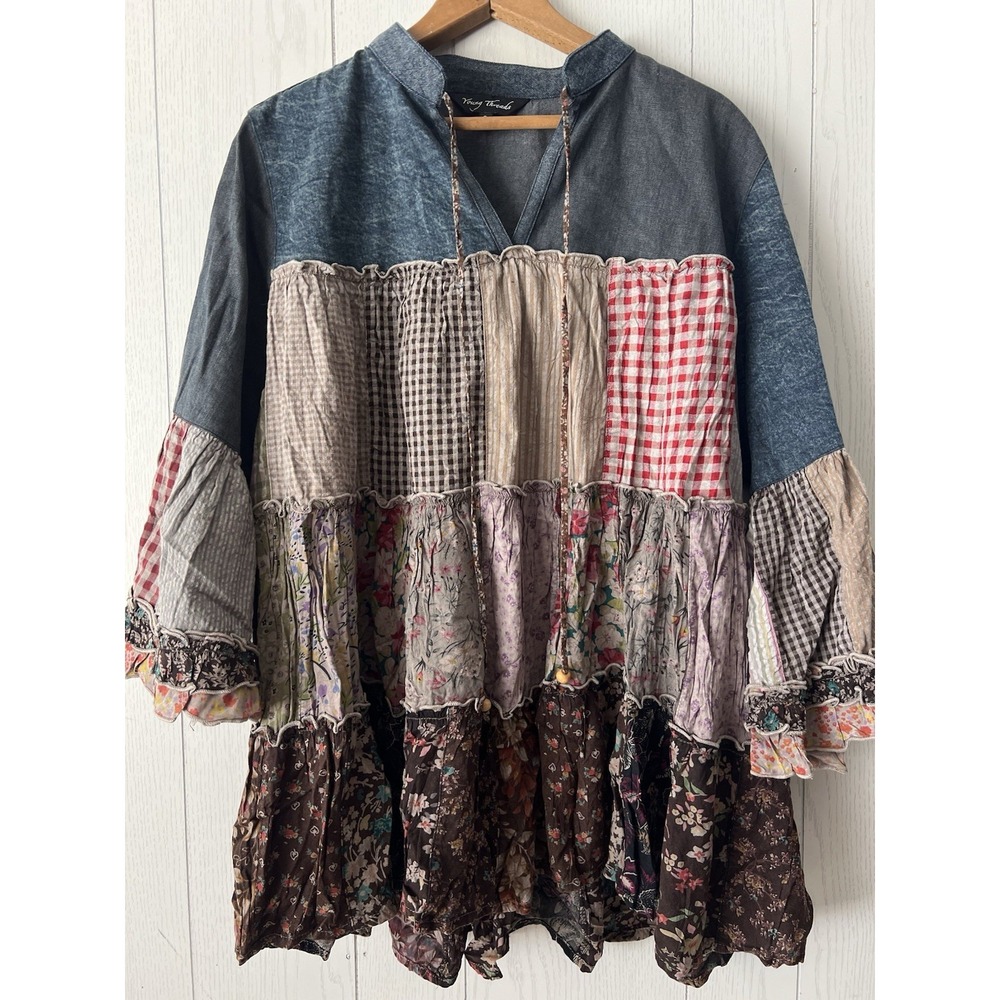 Young Threads Patchwork Top Womens S Boho Floral Tiered Ruffle Cottagecore